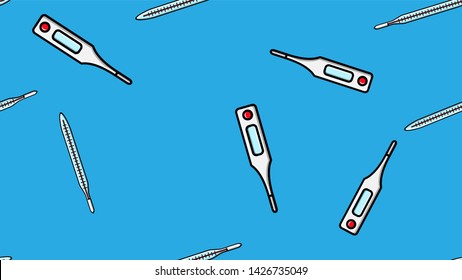 Seamless pattern texture of endless repetitive medical digital modern electronic mercury glass thermometers for measuring body temperature on a blue background. illustration.
