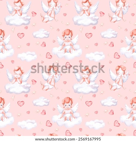 Seamless pattern with three angels with hearts on a pink background. Watercolor illustration on the theme of St. Valentine's Day for decorating cafes, printing on postcards, fabric, packaging.