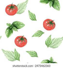 Seamless pattern from tomatoes and green basil, herbs. Hand drawn watercolor illustration on white background. Template for design menu, textiles, printing, packaging