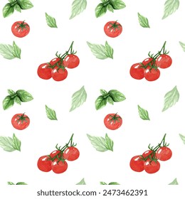 Seamless pattern from tomatoes and green basil, herbs. Hand drawn watercolor illustration on white background. Template for design menu, textiles, printing, packaging