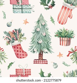 Seamless pattern with traditional Christmas elements: tree, gifts, New Year's bouquets, mittens, mistletoe, balls, stars. Painted by hand in watercolor. Suitable for postcards, wrapping paper, textile - Powered by Shutterstock