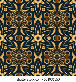 Seamless pattern of traditional ornamental background with golden circular mandala, stars and snowflakes elsments on a blue backdrop.