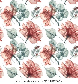 Seamless pattern and transparent flowers  leaves   berries white background  watercolor  Template design for textiles  interior  clothes  wallpaper  Botanical art