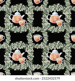 Seamless pattern with transparent teapot and chamomile wreaths on black background. Watercolor illustration for packaging design, coffee shops, advertising of ecological products