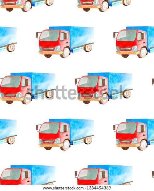 Seamless pattern transport and\
logistic of watercolor  medium truck with blue body and red cabin\
on a white background isolated for textile or fabric or\
wrapper.
