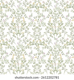 Seamless pattern with tree branches and leaves for surface design and other design projects. modern trend drawing in line art style. Delicate small leaves in watercolor style