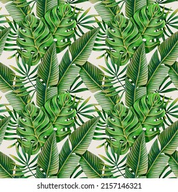 Seamless Pattern Of Tropical Leaves Drawn With Colored Pencils On A Cameo Silk Background. For Fabric, Sketchbook, Wallpaper, Wrapping Paper.