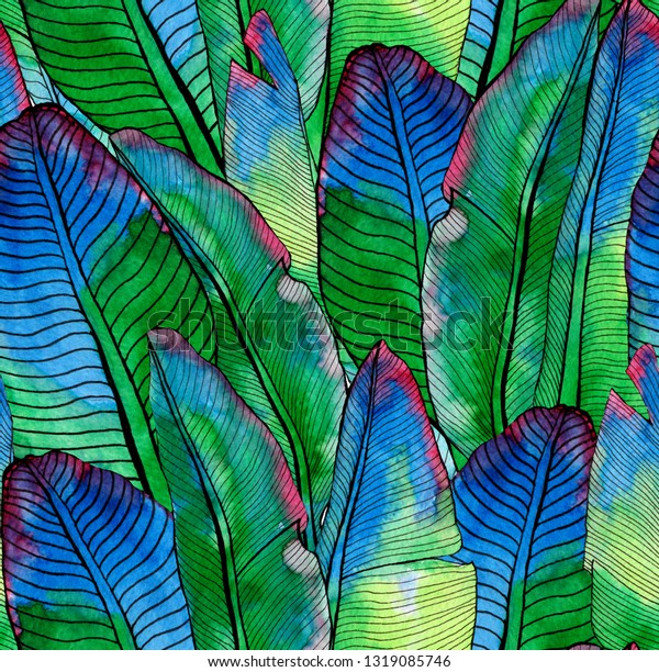 Green and blue watercolor background with banana leaves.
