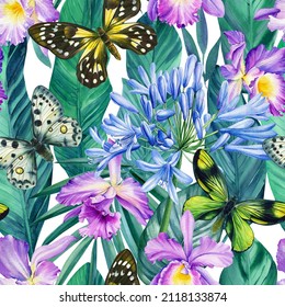 Seamless pattern and tropical orchid flowers  Agapanthus  palm leaves   butterfly  watercolor painting