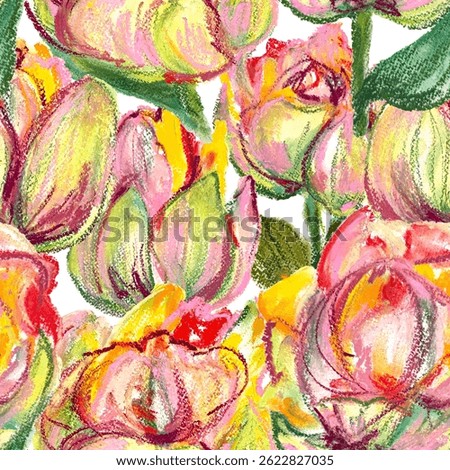 Seamless Pattern of Tulips Drawn with Dry Pastels. Handcrafted Illustration, No AI