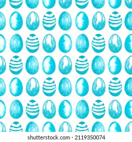 Seamless Pattern: Turqoise Blue Watercolor Easter Eggs On White. Holiday Design With Hand Drawn Elements  For Textile, Wrapping Paper, Card.