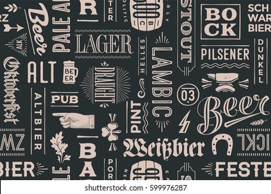 Seamless pattern with types of beer and hand drawn lettering for bar, pub, cafe, fest and party. Vintage drawing for placemat, bar menu, t-shirt print and beer themes. Illustration