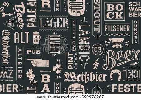 Seamless pattern with types of beer and hand drawn lettering for bar, pub, cafe, fest and party. Vintage drawing for placemat, bar menu, t-shirt print and beer themes. Illustration
