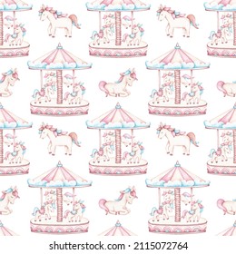Seamless pattern with unicorns, carousel, rainbows, stars, party elements. For designing party invitations, stickers, greeting cards, flyers, covers. Girls background isolated on white