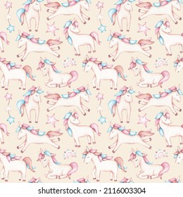 Seamless pattern with unicorns and stars. For designing party invitations, greeting cards, flyers, covers, kids wearing, textile, wrapping paper. Girls background with unicorns