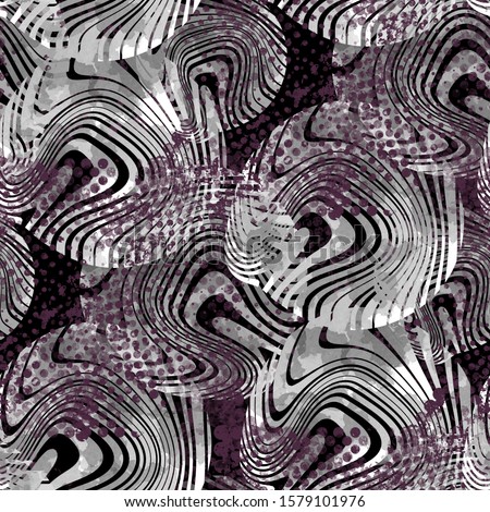 Seamless pattern urban design. Mixed background with zebra stripes, halftone dots and watercolor effect. Textile print for bed linen, jacket, package design, fabric and fashion concepts.