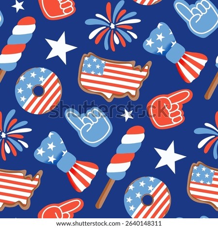 Seamless pattern with USA Independence Day celebration elements including American flags stars stripes foam fingers fireworks cookies bow ties in red white and blue