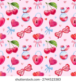 Seamless pattern for Valentines day, cherry, heart shaped candy, heart shaped lock, a cute hand drawn watercolor illustration for Valentine's Day on a light pink background. - Powered by Shutterstock - Get 15% off with code: PIKWIZARD15