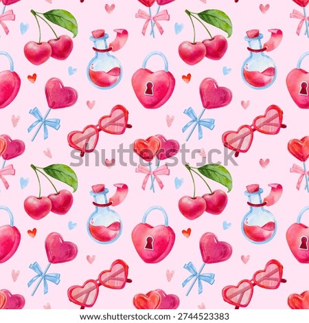 Seamless pattern for Valentines day, cherry, heart shaped candy, heart shaped lock, a cute hand drawn watercolor illustration for Valentine's Day on a light pink background.