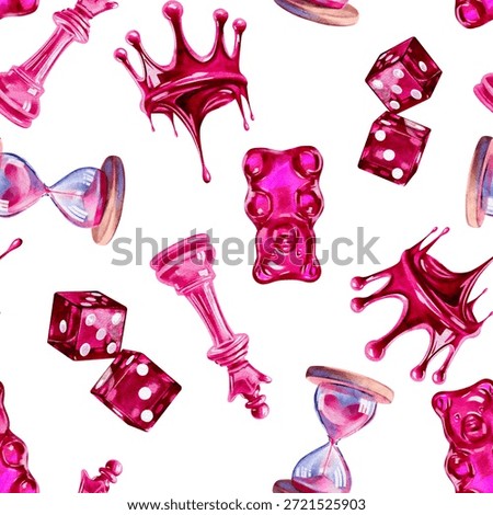 Seamless pattern for Valentine's Day in pink, Crown, dice, sand timer, jelly bag, chess queen