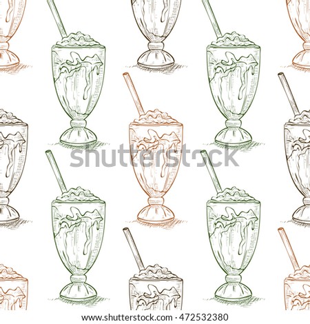 Seamless pattern vanilla milkshake scetch. Sketched fast food illustration. Background with drink for cafe, restaurant, eatery, diner, website or take away bag design