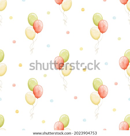 Seamless pattern with various red, green, yellow balloons and polka dots isolated on white background. Watercolor hand drawn illustration sketch