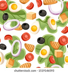 Seamless Pattern. Vegetables Salad Recipe. Caesar Salad Ingredient. Fresh Vegetables Cartoon Icon Design Food. Flat Illustration On White Background