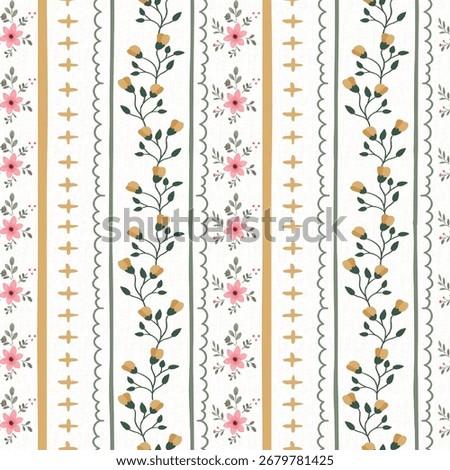 Seamless pattern with vertical stripes and twigs of cotoneaster. Vector vintage
