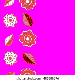 Seamless pattern of vertical stylized floral motif, hole, spots, tulip flowers, doodles on colored background with copy space. Hand drawn. Vertical seamless floral background.