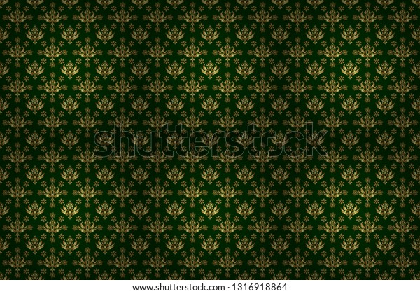 Seamless pattern in
Victorian style on a green background. Raster golden elements for
vignettes and borders or design template. Luxury floral frames and
ornate decor.