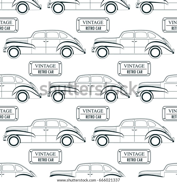 Seamless pattern with\
vintage cars and license plates in a linear style. Raster version\
illustration.