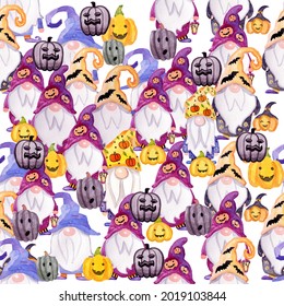 Seamless pattern with vintage Halloween elements. Gnomes, pumpkins, leaves. Watercolor hand drawn