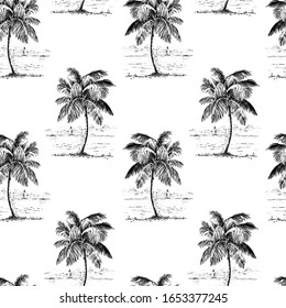 Seamless Pattern Vintage Hand Drawn Illustration With Palm Tree In Engraving Style. Sketch Of A Tree Isolated On White For Design