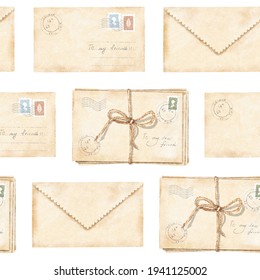 Seamless pattern with vintage old beige letters with stamps and marks tied with cord isolated on white background. Watercolor hand drawn illustration sketch