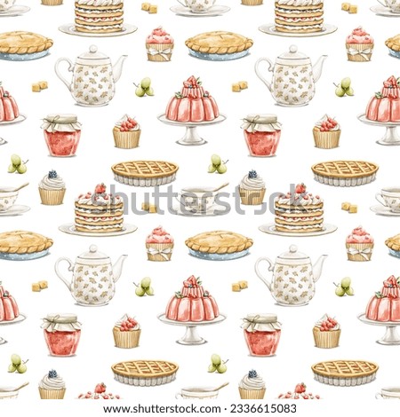 Seamless pattern with vintage variety set of sweet dessert, cupcakes, cake, pies and jams with berries isolated on white background. Watercolor hand drawn illustration sketch