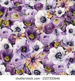 Seamless pattern with violet flowers. Repeating background with elements of watercolor flowers poppies, ranunculus, anemones  strewn all over the background. Garden style texture for paper or textile