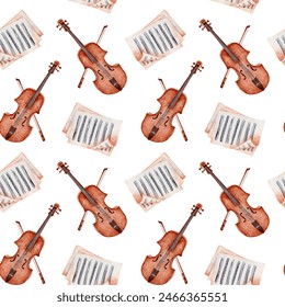 Seamless pattern with violin, bow and sheet music. Classical string instrument wallpaper. Hand drawn watercolor illustration isolated on white background. For textile fabric or any surface art designs