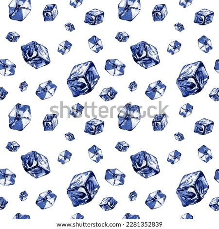 Seamless pattern water ice cubes isolated on white background. Watercolor handrawing illustration. Art original design
