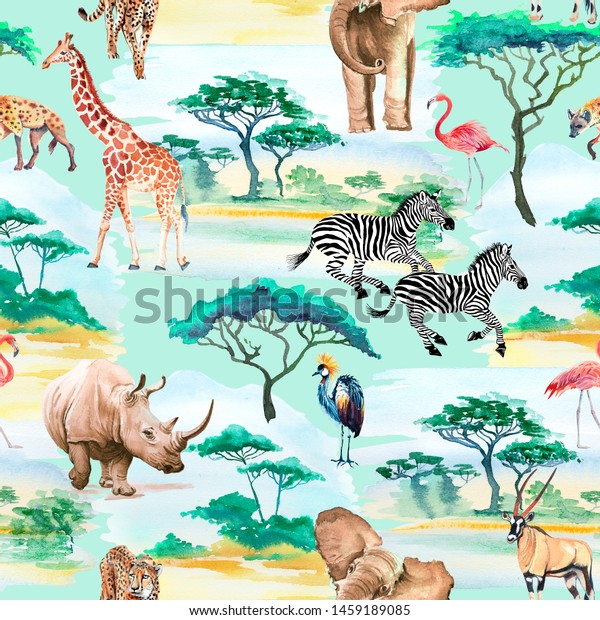 シームレスな模様の水色のアフリカの動物や鳥 イラトスキリン ゾウ ゼブラ サイ フラミンゴ ヒョウ のイラスト素材