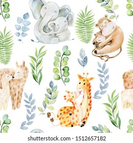 Seamless Pattern. Watercolor Animals Mom And Babies