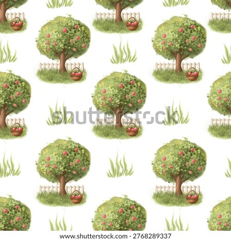 Seamless pattern with watercolor apple trees, grass, fence and baskets of apples, soft hand-painted style on light background.