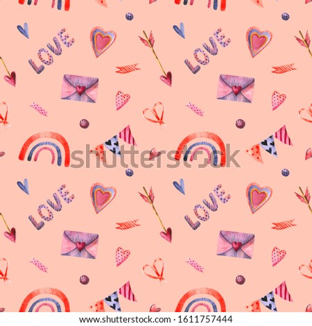 Seamless pattern with watercolor arrow, envelope, hearts, rainbow, ribbon. Isolated hand drawn illustration. Template is perfect for Valentine's Day design, poster, fabric textile, wallpaper