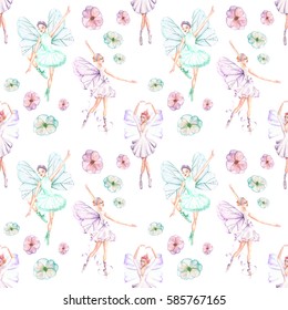 Seamless pattern with watercolor ballet dancers with butterfly wings and flowers, hand drawn isolated on a white background