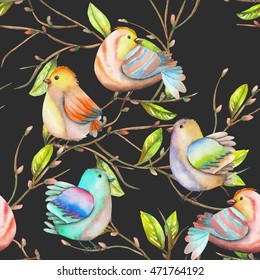 Seamless pattern of the watercolor birds on the tree branches, hand drawn on a dark background
