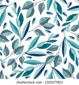 Seamless pattern with watercolor blue branches .illustration isolated on white background