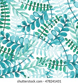 Seamless Pattern With Watercolor Blue Leaves And Green Herbs