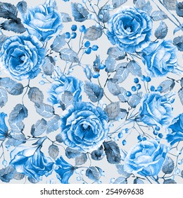 Seamless pattern of watercolor blue  roses. Illustration of flowers. Vintage. Can be used for gift wrapping paper, the background of Valentine's day, birthday, mother's day and so on. Monochrome.