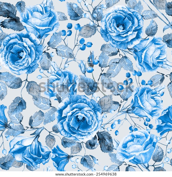 シームレスな水彩の青いバラの模様 花のイラスト ビンテージ 贈答用の包装紙 バレンタインデーの背景 誕生日 母の日などに使用できます モノクロ の イラスト素材