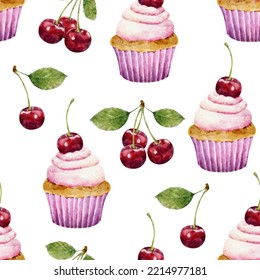 Seamless Pattern With Watercolor Cherry And Cupcake Isolated On White Background. Can Be Used For Textile, Wrapping Paper, Design Scrap Book Paper, Invitations And Other.