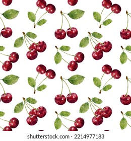 Seamless Pattern With Watercolor Cherry Isolated On White Background. Can Be Used For Textile, Wrapping Paper, Design Scrap Book Paper, Invitations And Other.